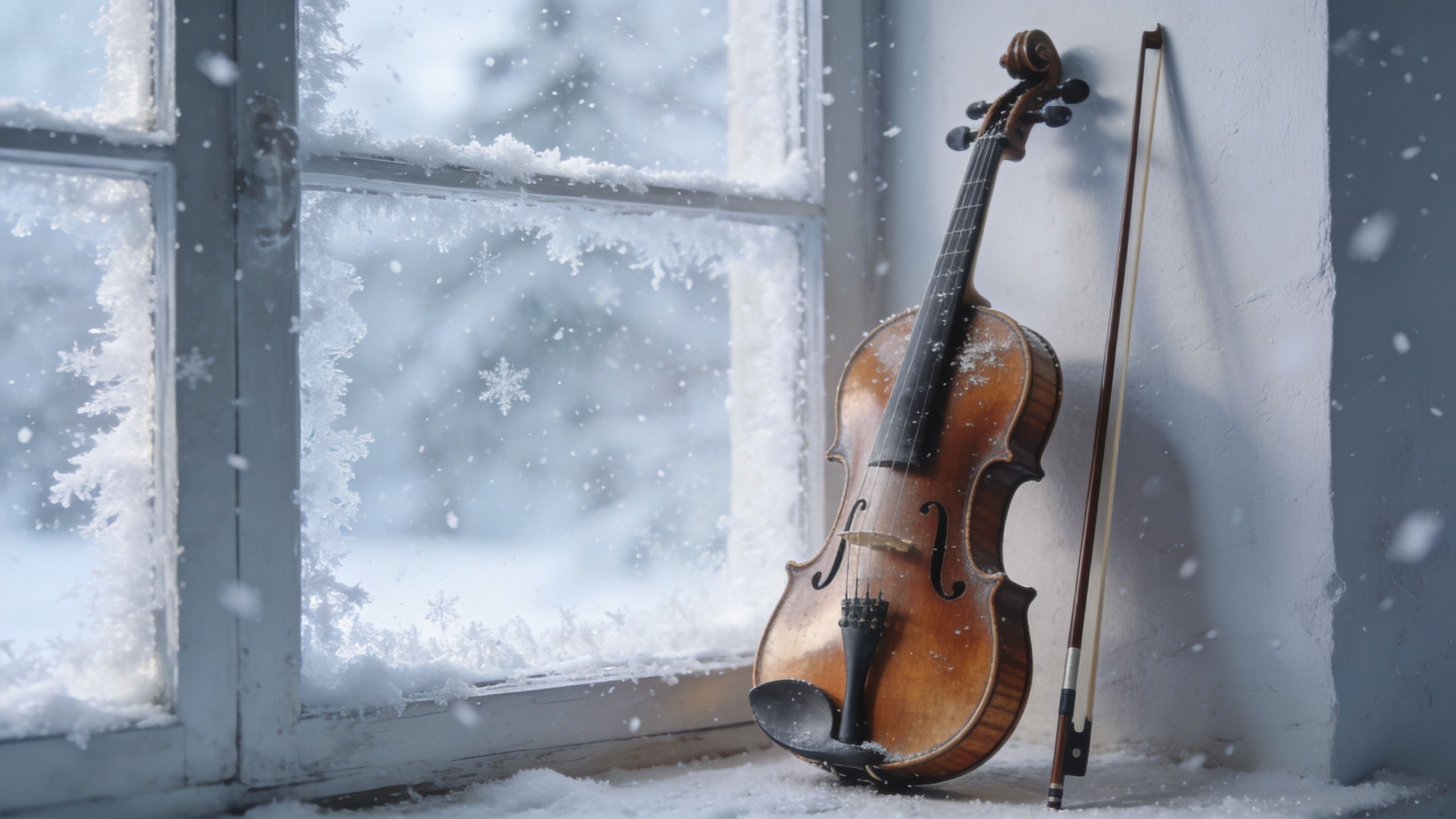 A classic wooden violin and bow resting on a snow-covered windowsill during a gentle winter snowfall.