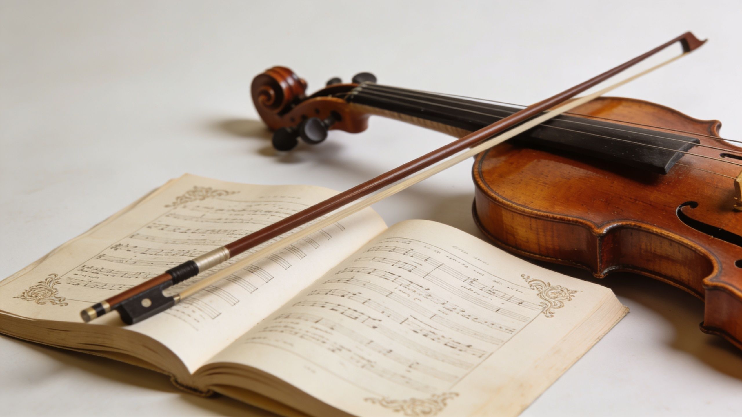 A wooden violin with a bow resting across an open book of classical music sheet notation.