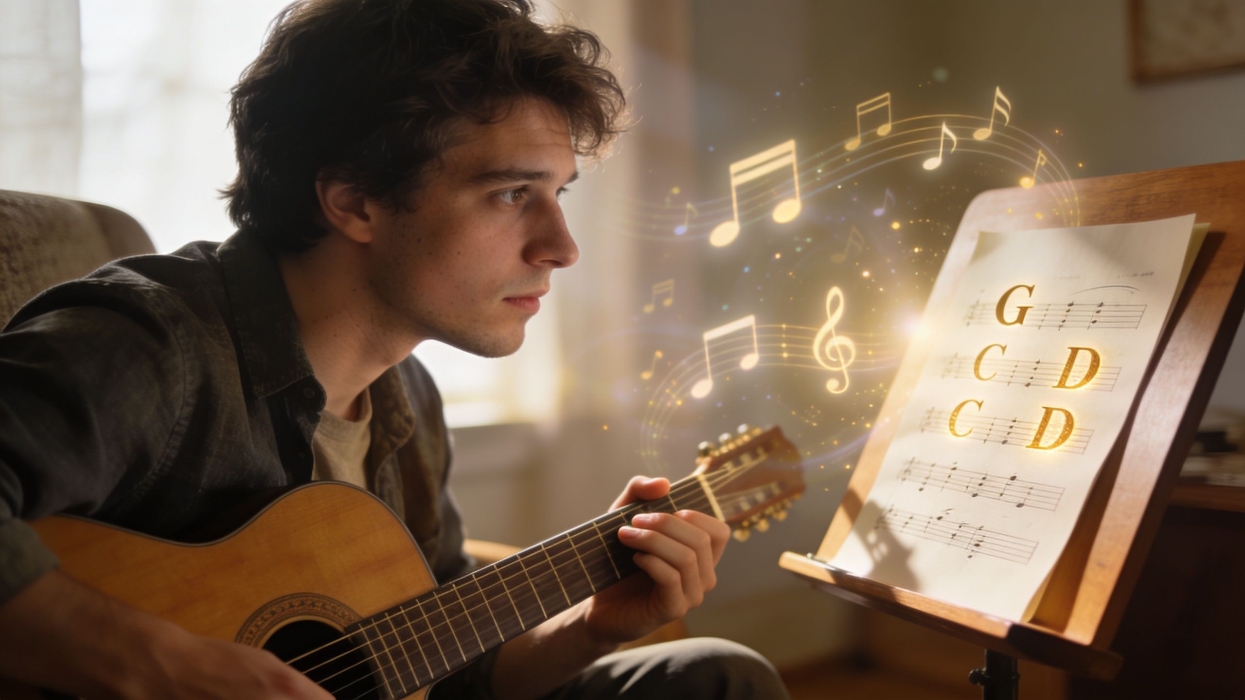 A focused young man plays an acoustic guitar while looking at glowing music notes on a stand.