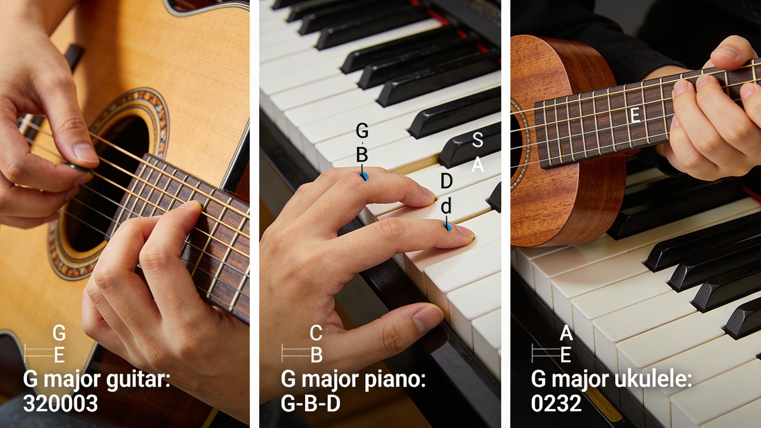 A triptych showing hands playing G major chords on an acoustic guitar, a piano, and a ukulele.