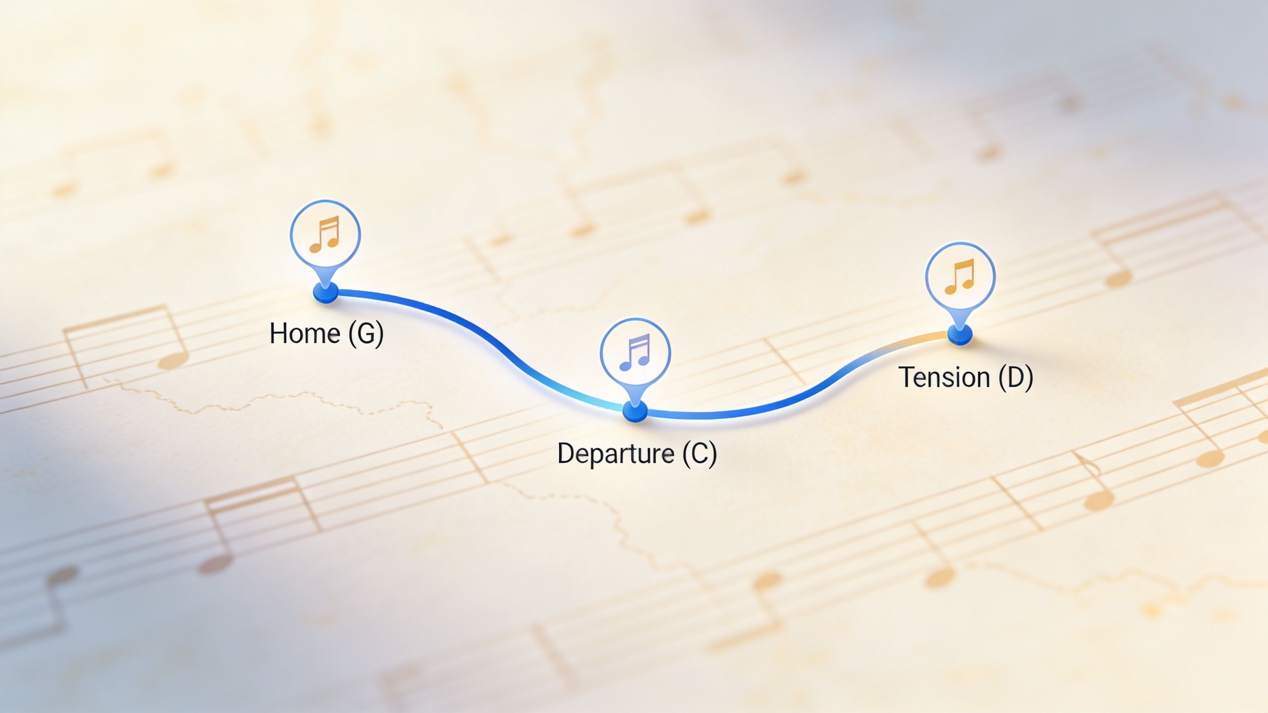 A musical diagram showing a progression from home chord G to departure chord C and tension chord D.