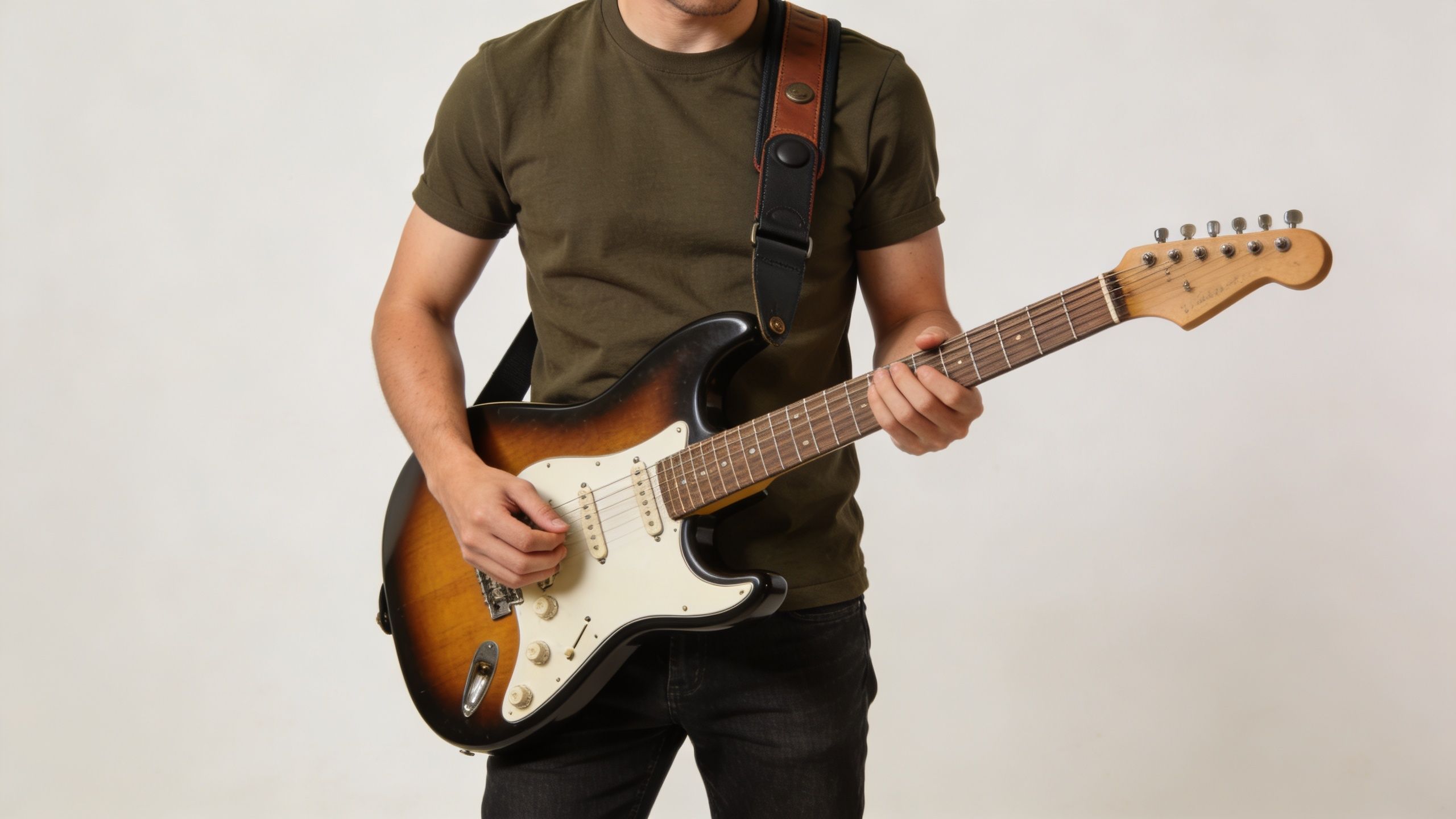 A musician wearing a green t-shirt plays a brown and cream sunburst electric guitar while standing.