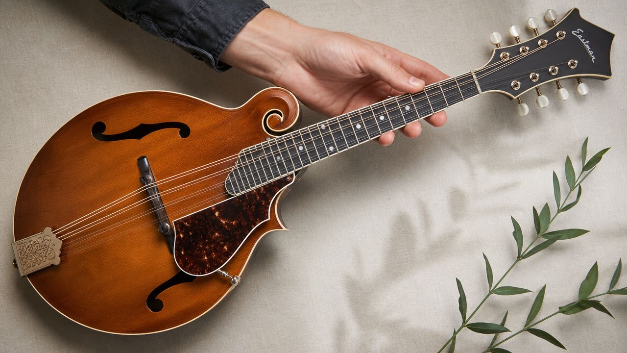 A person holds an Eastman acoustic mandolin, highlighting its wood finish, f-holes, and ornate bridge design.
