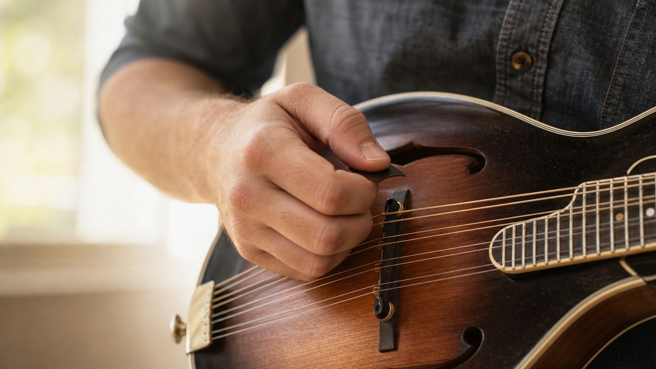 A close-up view of a musician's hand holding a guitar pick while playing a wooden mandolin.