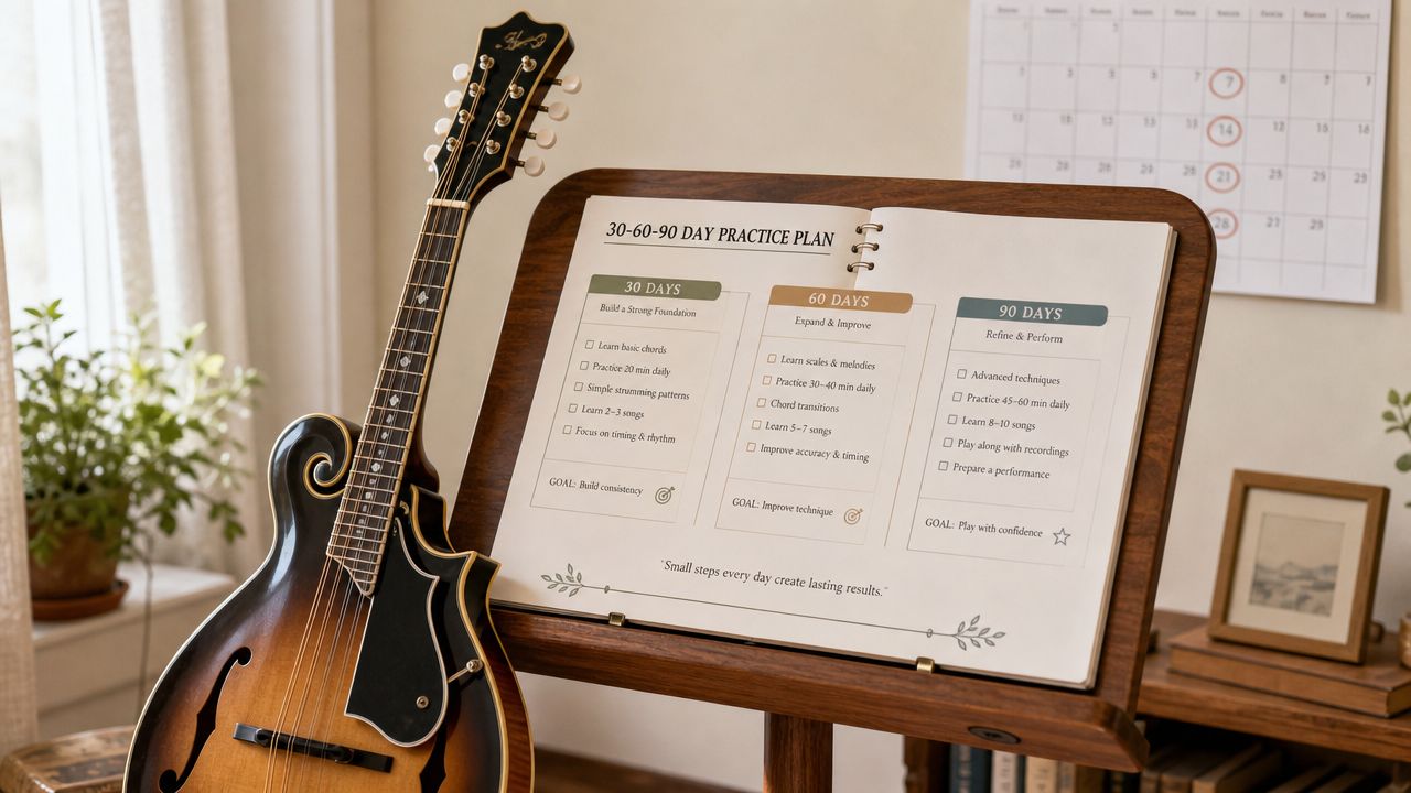 A wooden music stand holds a 30-60-90 day practice plan next to a sunburst mandolin.