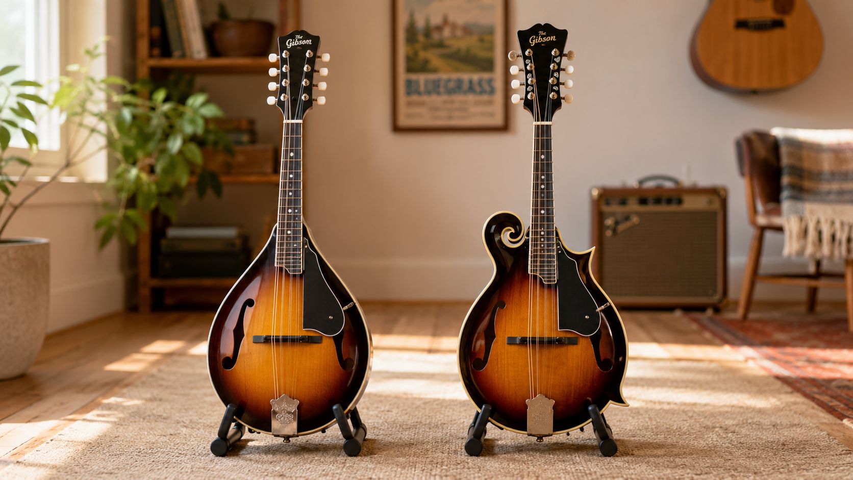Two sunburst-finished Gibson mandolins on stands in a rustic living room with musical equipment.