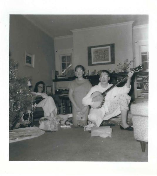 Tony Trischka: Christmas 1962 with Mother (Coryl), Sister (Dale) and Tony with his First Banjo (13 years old)